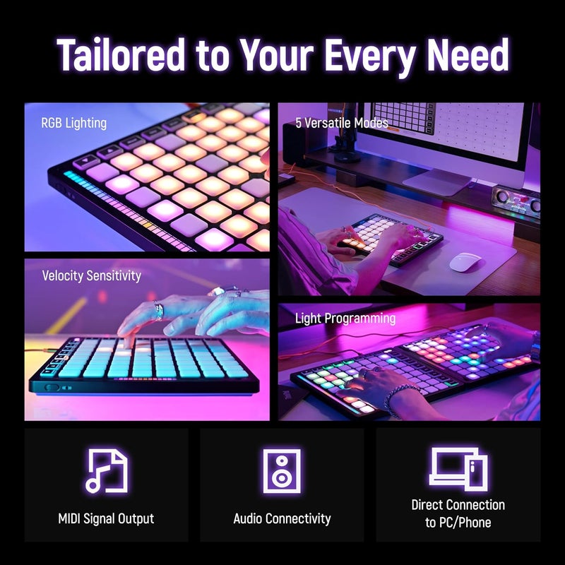 Synido MIDI Pad Beat Maker Machine with 64 Velocity Sensitive RGB Pads, Portable MIDI Controller 8 * 8 Backlit Beating Machine with Easy Mode for Music Production Beginners, TempoPAD Z-1 - Image 3